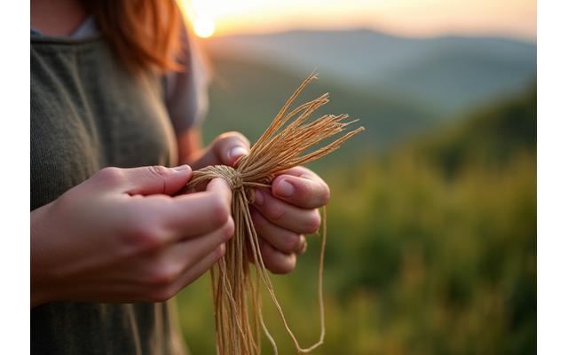 Close-up of artisan hands weaving natural fibers, blurred Asheville background