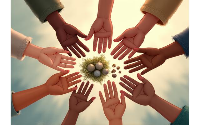 Illustration of diverse hands holding natural craft materials, symbolizing inclusivity and creativity