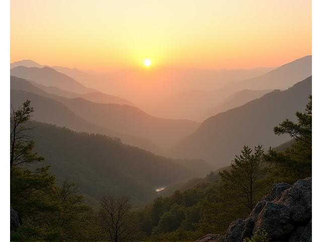 Panoramic view of the Asheville mountains at dawn, soft light, evoking peace and natural artistry