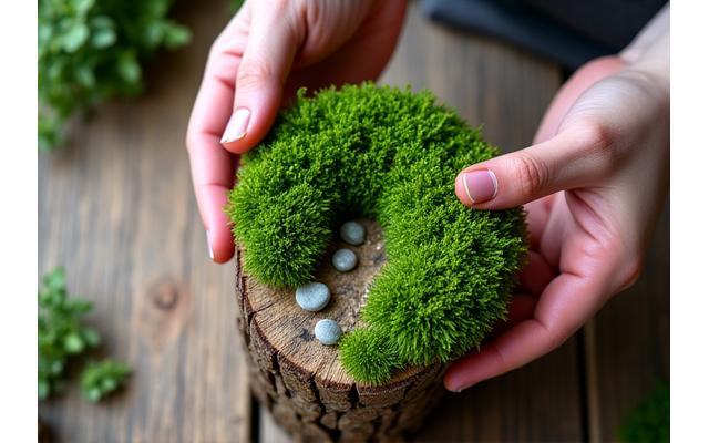 Close-up of hands carefully arranging moss and small stones on a wooden base, soft natural light
