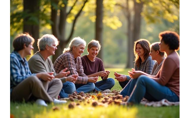 A small group of diverse crafters gathered in a sunny Asheville park, sharing natural materials and laughing together.
