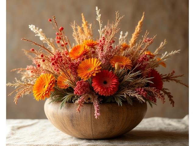 Member project: A vibrant dried floral arrangement in a natural wood base.