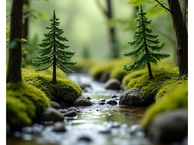 Member project: A miniature forest diorama with tiny moss-covered trees and a shimmering river.