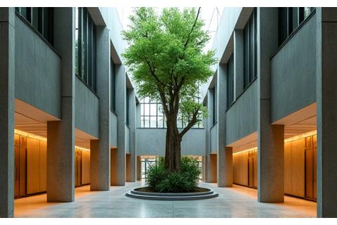 Modern architectural space with a built-in floor-to-ceiling preserved tree feature, surrounded by natural stone and indirect lighting.