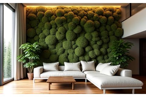 Expansive indoor moss and wood wall art installation in a minimalist living room, bathed in soft natural light.