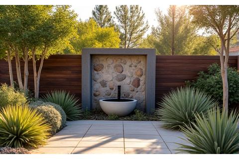 Outdoor patio featuring a custom-built rock fountain integrated with drought-resistant native plants and weathered wood elements.