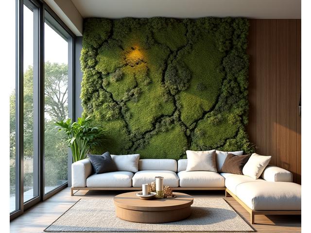Large custom wall installation featuring preserved moss, natural wood branches, and miniature forest elements in a modern living space.