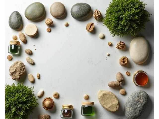 A curated display of various natural materials: smooth river stones, different shades of preserved moss, polished wood segments, dried seed pods, and small glass vials of natural pigments.