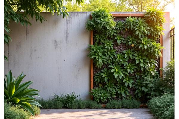 Before and after of a previously bare garden wall, now adorned with a vibrant vertical garden installation featuring ferns and succulents.