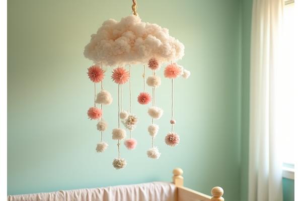 Softly lit baby nursery featuring a whimsical ceiling-mounted mobile made of delicate preserved flowers and floating clouds, creating a peaceful atmosphere.