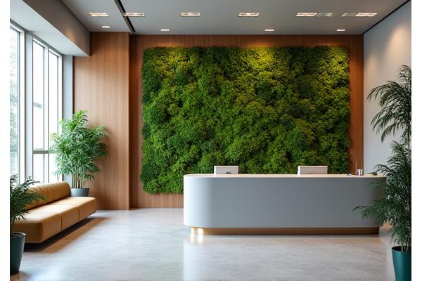 Interior of a modern office reception area featuring a striking large-scale preserved moss and wood geometric wall art piece, calming the space.