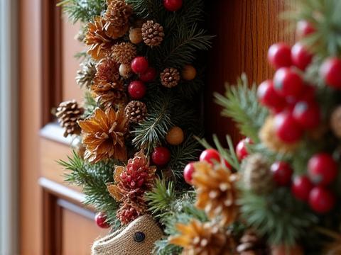 A rustic but elegant seasonal door decoration template, featuring dried leaves, berries, and pinecones, designed for easy home assembly.