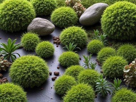 A beautifully rendered miniature moss garden template example, showing material allocation and layering, with soft, natural light.