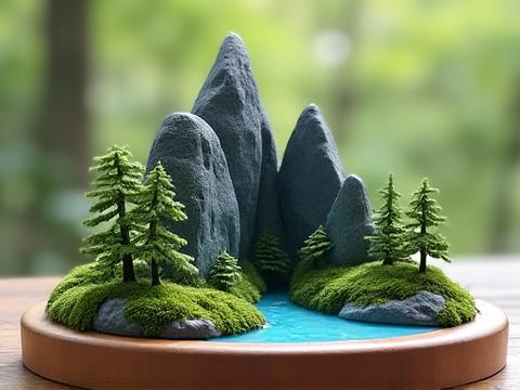 A simple mountain landscape template for desktop display, depicted as a charming miniature made from natural elements like small rocks and sculpted felt.