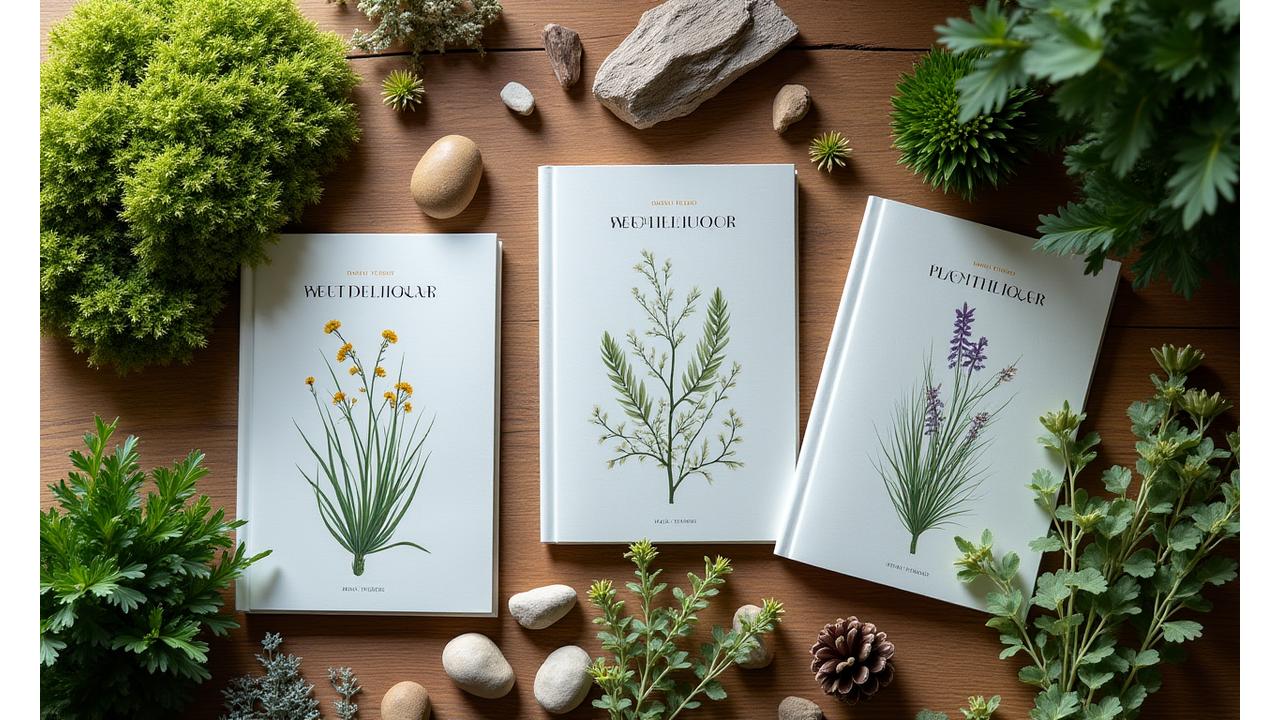 An overhead shot of various PrulDeniquor digital guide covers splayed out on a wooden table alongside natural crafting materials like moss, small stones, and dried flowers, illustrating the diversity and practical nature of the resources.