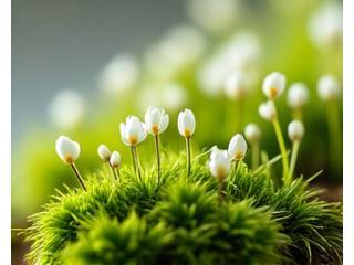 A vibrant moss wall art piece with delicate spring flowers and new shoots, representing renewal and fresh growth.