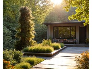 An outdoor patio adorned with large, structured natural installations featuring local Asheville flora and flowing water elements, suggesting vibrant summer living.
