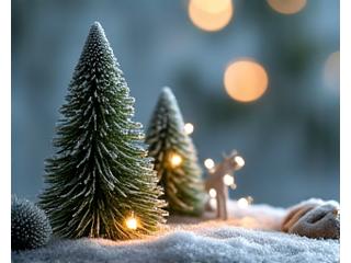 A serene indoor winter forest scene crafted with preserved moss, miniature pine trees, and delicate fairy lights, evoking calm and festive warmth.
