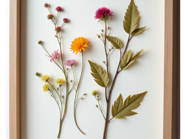 Pressed botanical art piece in a rustic wooden frame