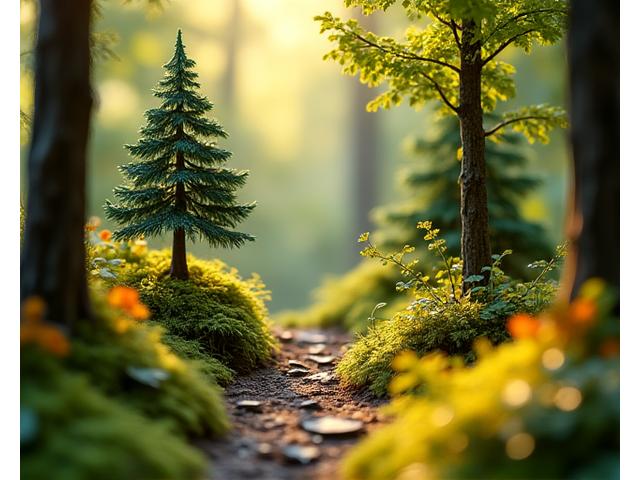 Detailed miniature forest diorama with tiny animal figures and real dried leaves