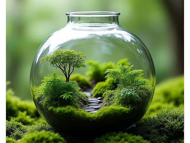 Glass terrarium with lush green moss and tiny miniature elements