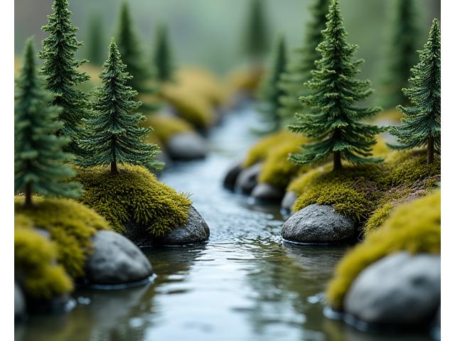 Miniature mountain landscape model with moss and tiny trees