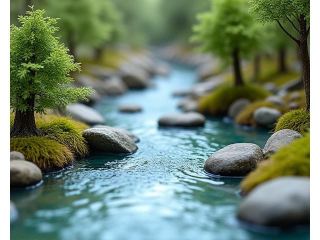 Miniature river scene with flowing resin water, pebbles, and tiny trees