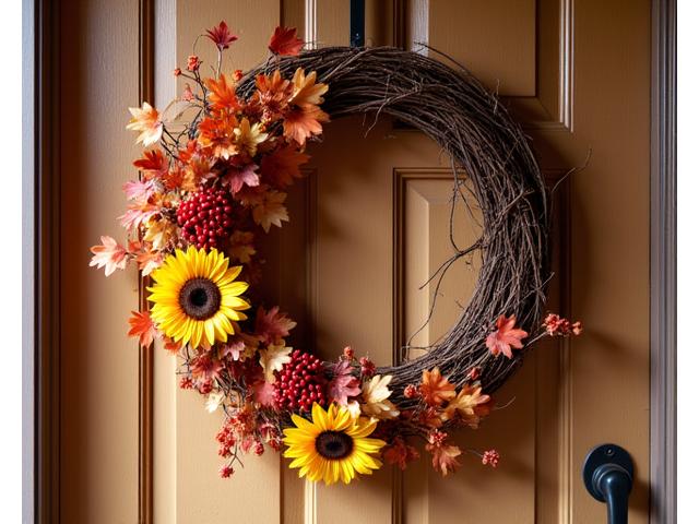 Autumn-themed decorative wreath made with dried flowers, berries, and foliage
