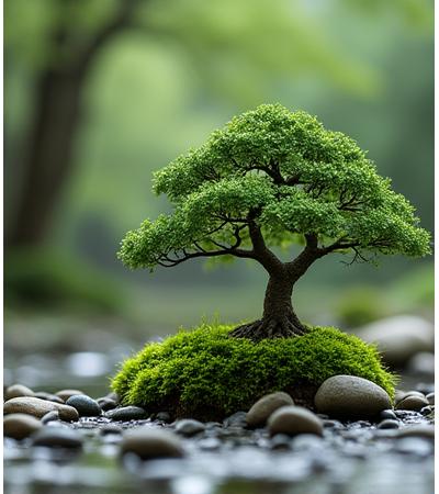 Miniature bonsai forest scene carefully arranged with small rocks and moss.