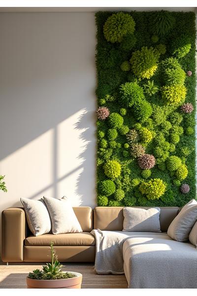Before and after of a plain wall transformed into a living moss wall art piece.