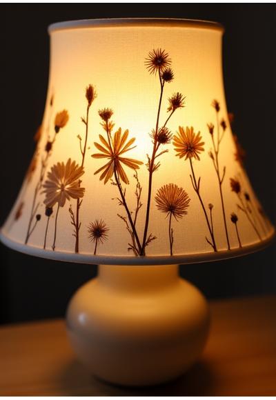 Handmade lamp with shade adorned with intricately pressed and dried wildflowers.