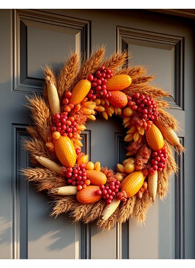 A beautiful autumn-themed door display made with dried corn husks, berries, and colorful leaves.