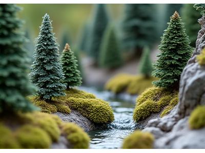 Intricate tabletop miniature mountain scene with tiny pine trees and realistic rock formations.