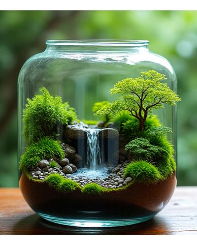 Small terrarium with a miniature waterfall feature flowing into a vibrant moss landscape.