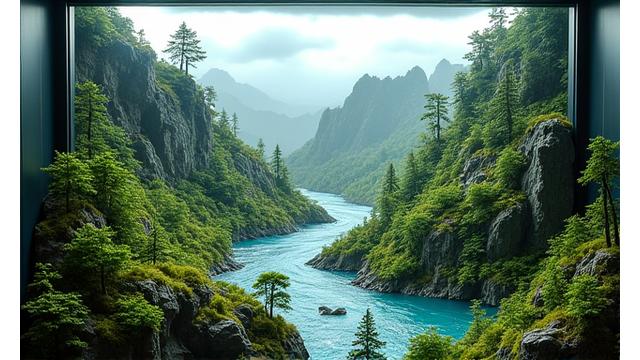 An intricately detailed large-scale diorama of a lush, rocky mountain range with flowing rivers and dense miniature forests, housed within a glass enclosure.