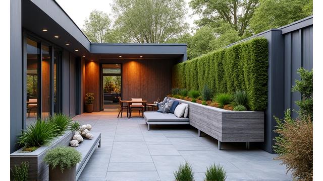 A beautifully integrated natural art piece featuring living moss, small succulents, and driftwood, nestled seamlessly into a modern outdoor patio decor.