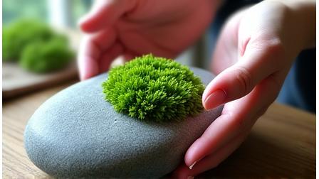 Hands delicately arranging vibrant green moss on a natural stone, creating a soft, organic base for a craft.