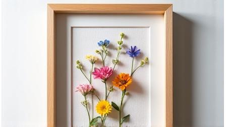 A beautifully framed piece of art featuring meticulously arranged pressed wildflowers, vibrant in color.