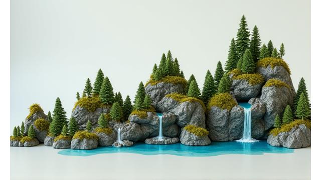 A stunning array of miniature mountain and stone art pieces, ranging from simple to highly complex, showcased together.
