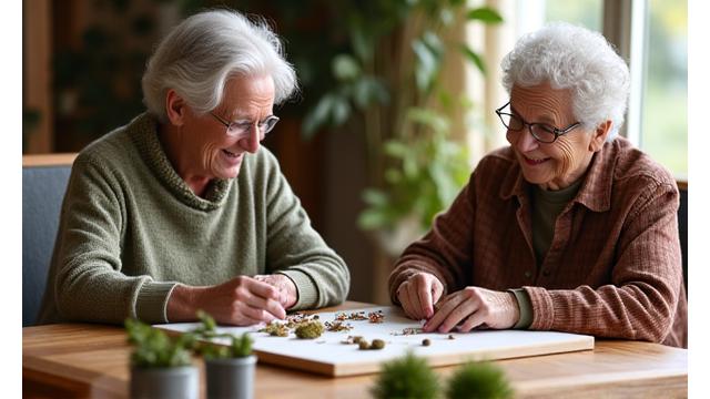 Two happy senior individuals engaged in a nature craft activity, one carefully placing dried flowers, the other smiling at their moss creation, soft lighting.