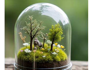 Elaborate forest diorama with tiny trees, real twigs, and dried flowers under a glass cloche.