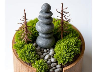 Miniature mountain landscape crafted from moss, small stones, and twigs, on a distressed wooden base.