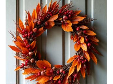 A handcrafted autumn wreath adorned with dried leaves, small acorns, and preserved berries, hanging on a rustic wooden door.