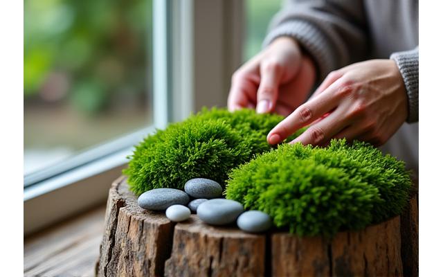 Hands arranging moss and small stones on a wooden base to create a miniature forest scene, soft natural light, conveying peace and creativity.