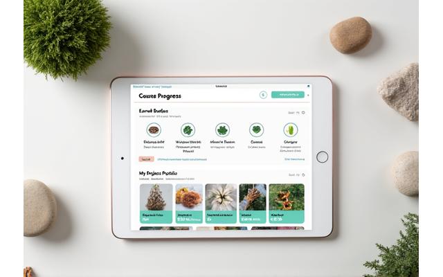 A visual representation of a user's online course progress dashboard, showing completed modules, earned badges like 'Moss Artisan' and 'Forest Builder', and a portfolio preview of their crafted projects.