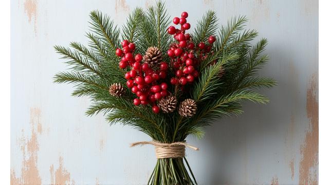 A rustic bouquet of fresh evergreen branches, juniper berries, and small pinecones tied with natural twine.