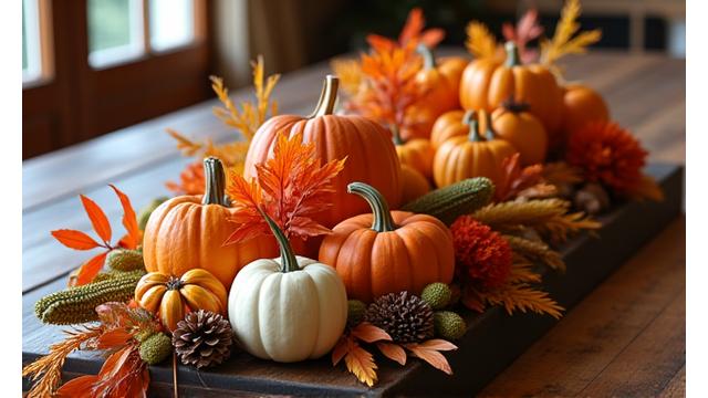 A lush autumnal centerpiece featuring miniature pumpkins, dried corn, warm-toned leaves, and pinecones on a dining table.