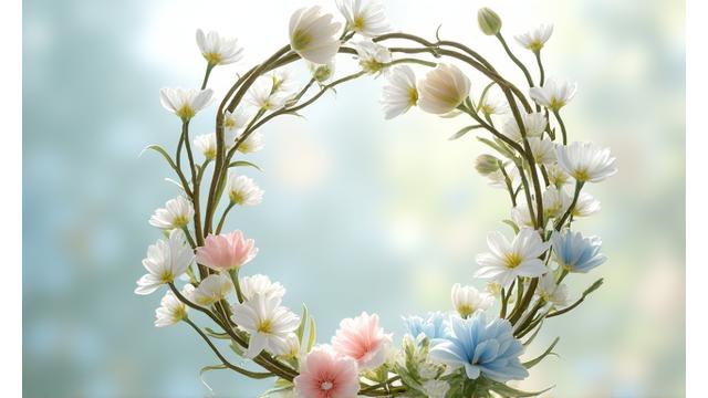 A delicate, handcrafted wreath adorned with fresh pastel spring flowers like cherry blossoms and tulips, on a light background.