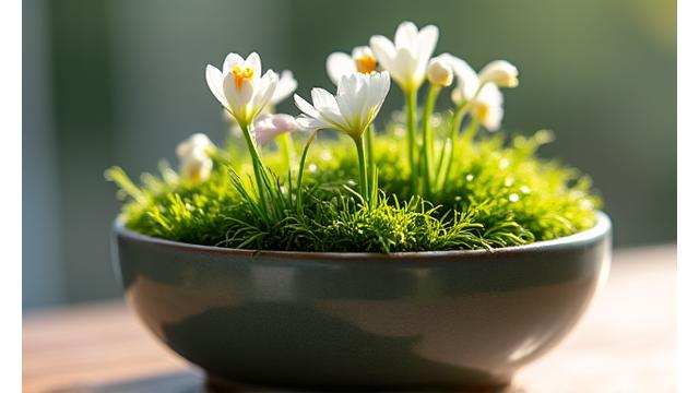 A vibrant miniature spring moss garden with tiny, delicate fresh flowers and dew drops, in a ceramic bowl.