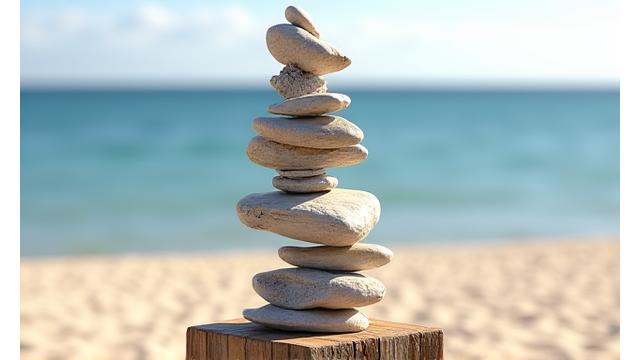 An elegant, vertical sculpture made from carefully balanced pieces of smooth, sun-bleached driftwood, standing on a beachfront.